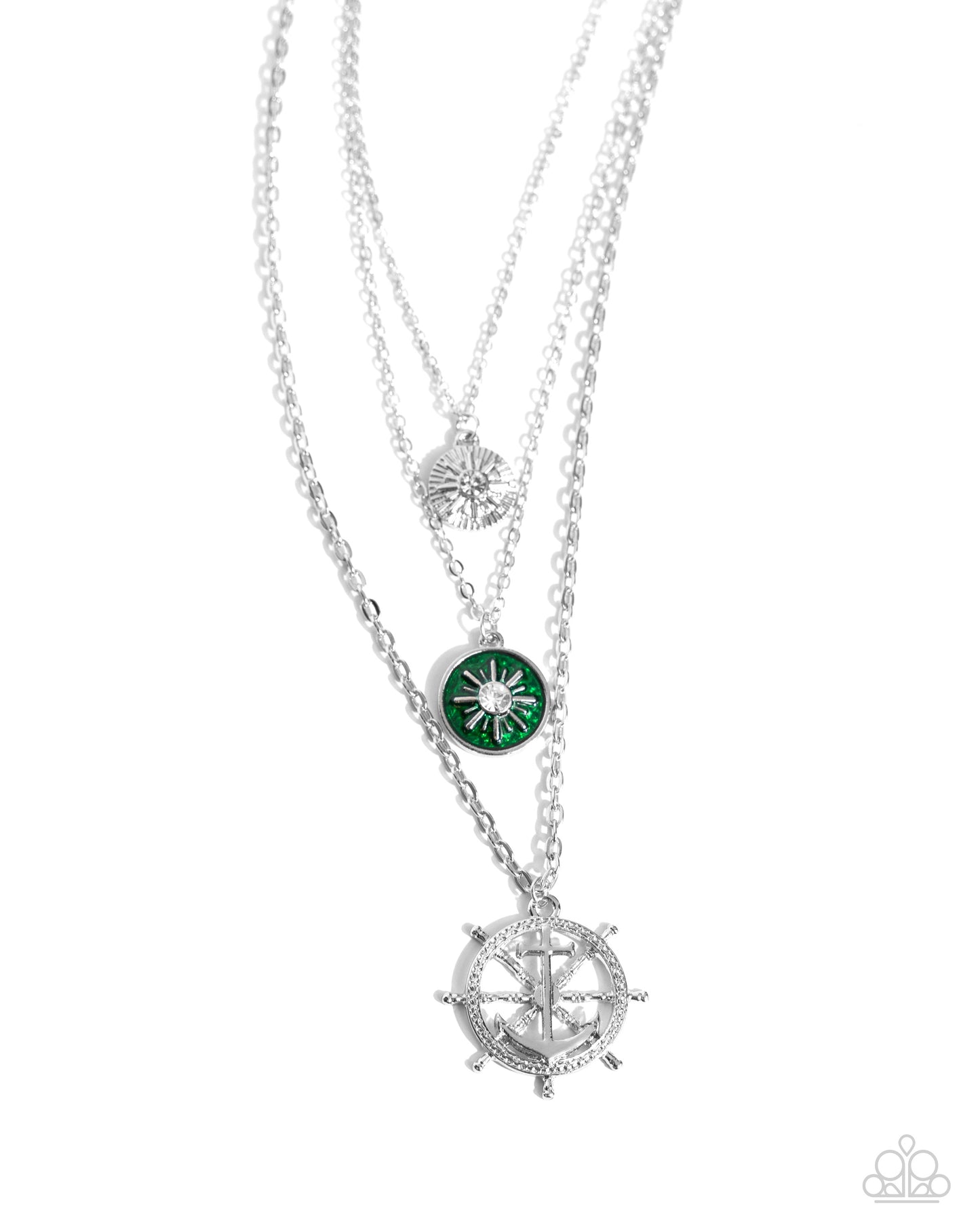 Anchor Arrangement - Green & Silver Sunburst Layered Beach Theme Necklace Paparazzi N2242