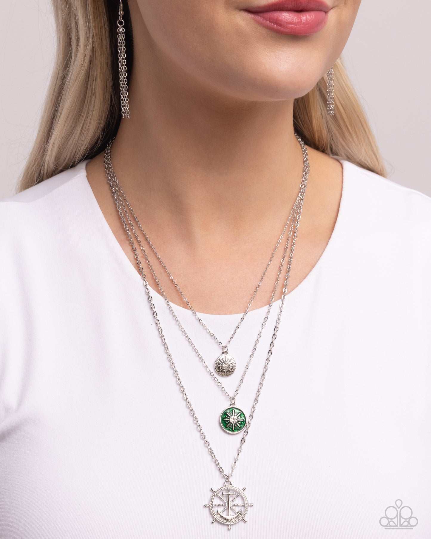 Anchor Arrangement - Green & Silver Sunburst Layered Beach Theme Necklace Paparazzi N2242