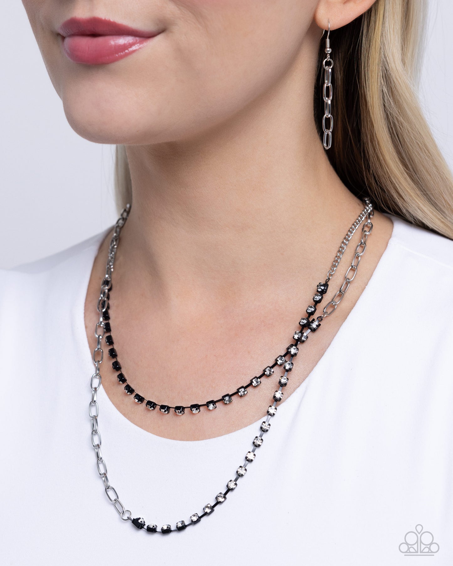 Boxy Brilliance - Black Painted Square Fittings, White Rhinestone & Silver Paperclip Chain Necklace Paparazz