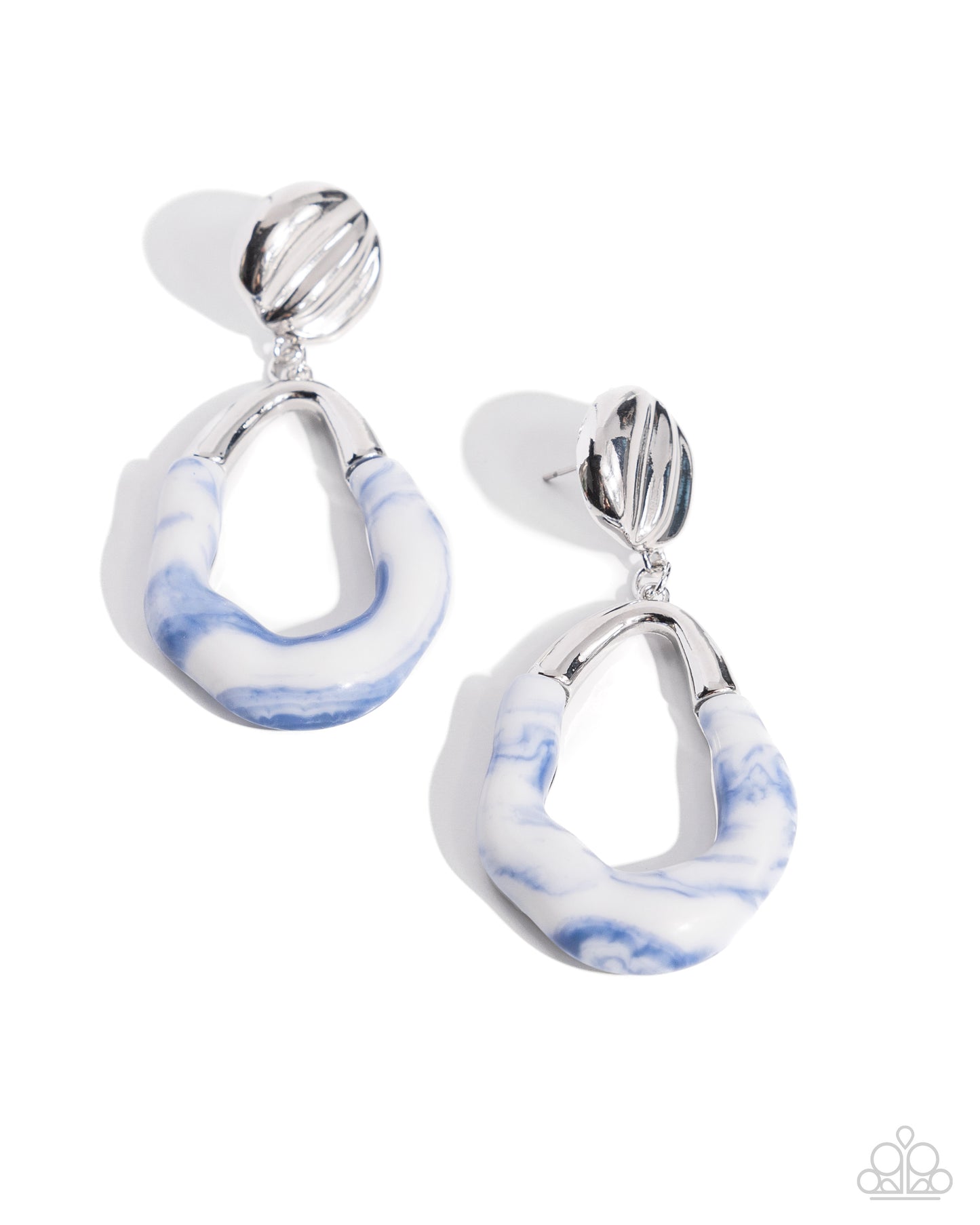 High-Sheen Swirls - Blue & White Swirl Wavy Silver Teardrop Post Earring Paparazzi E2229