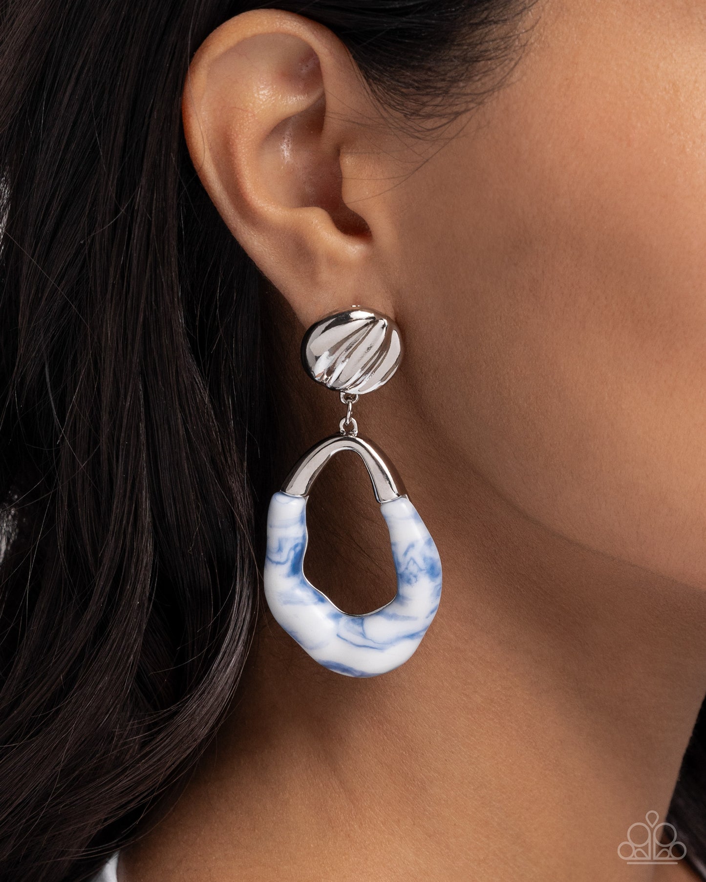 High-Sheen Swirls - Blue & White Swirl Wavy Silver Teardrop Post Earring Paparazzi E2229