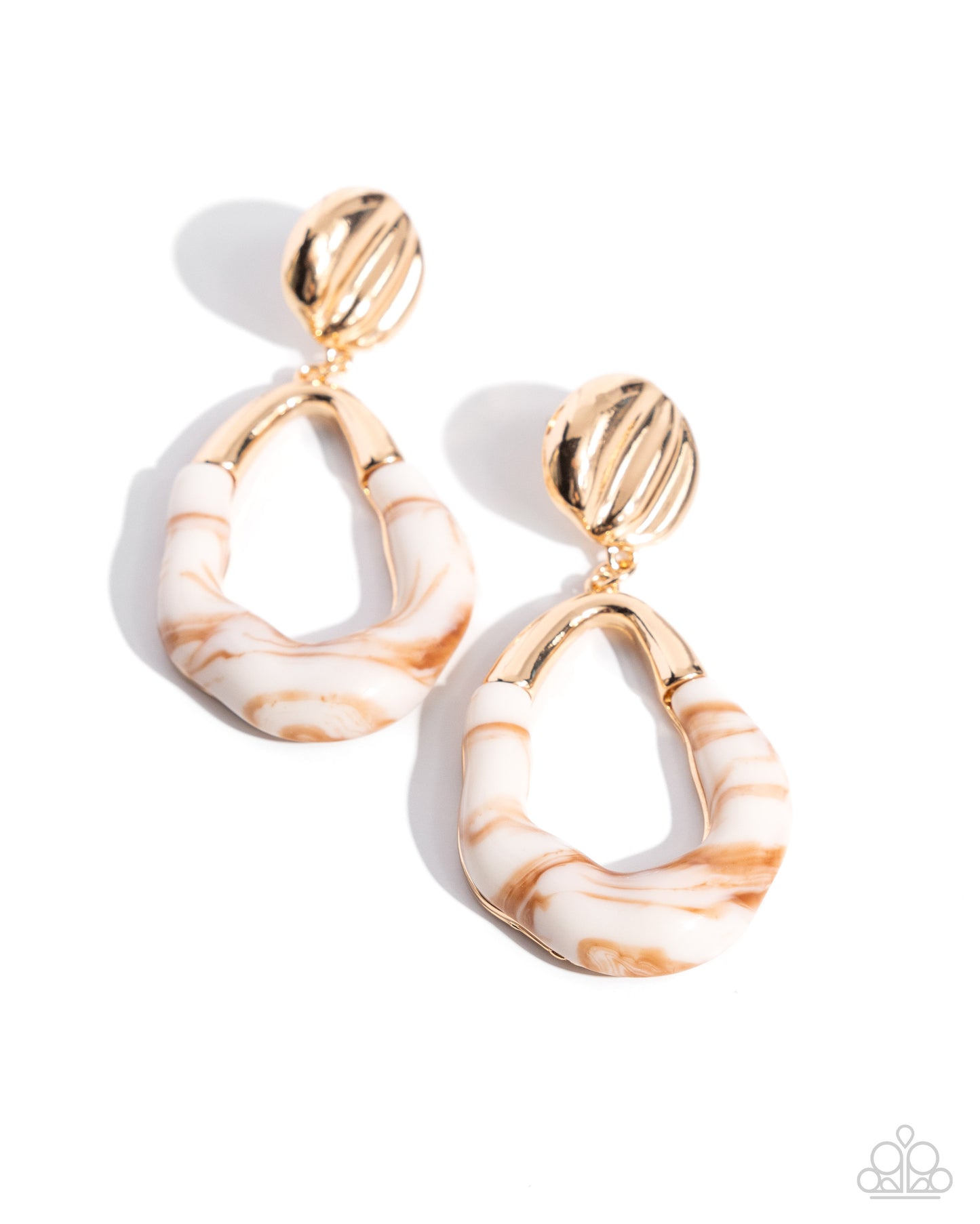 High-Sheen Swirls - Gold, Ivory Brown Swirl Painted Wavy Teardrop Paparazzi E2104