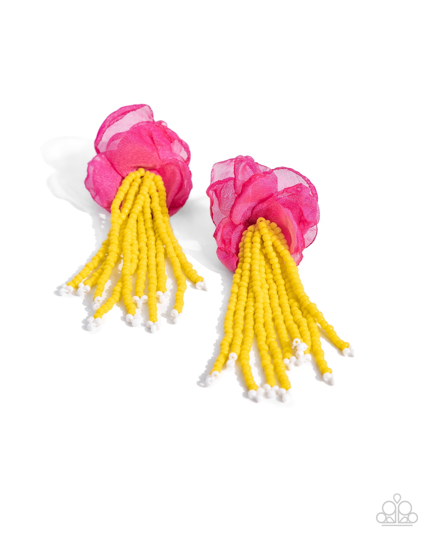 Cinderella Charisma - Multi Hot Pink Ribbon Bright Yellow Seed Bead Floral Fairytale Earring Paparazzi E2236