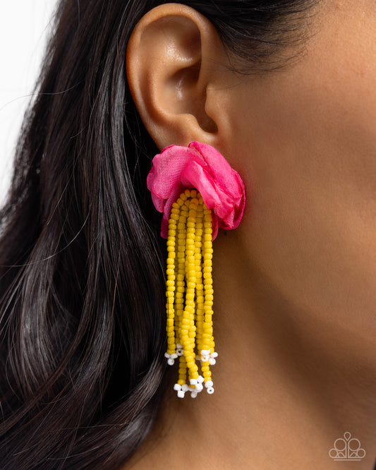 Cinderella Charisma - Multi Hot Pink Ribbon Bright Yellow Seed Bead Floral Fairytale Earring Paparazzi E2236