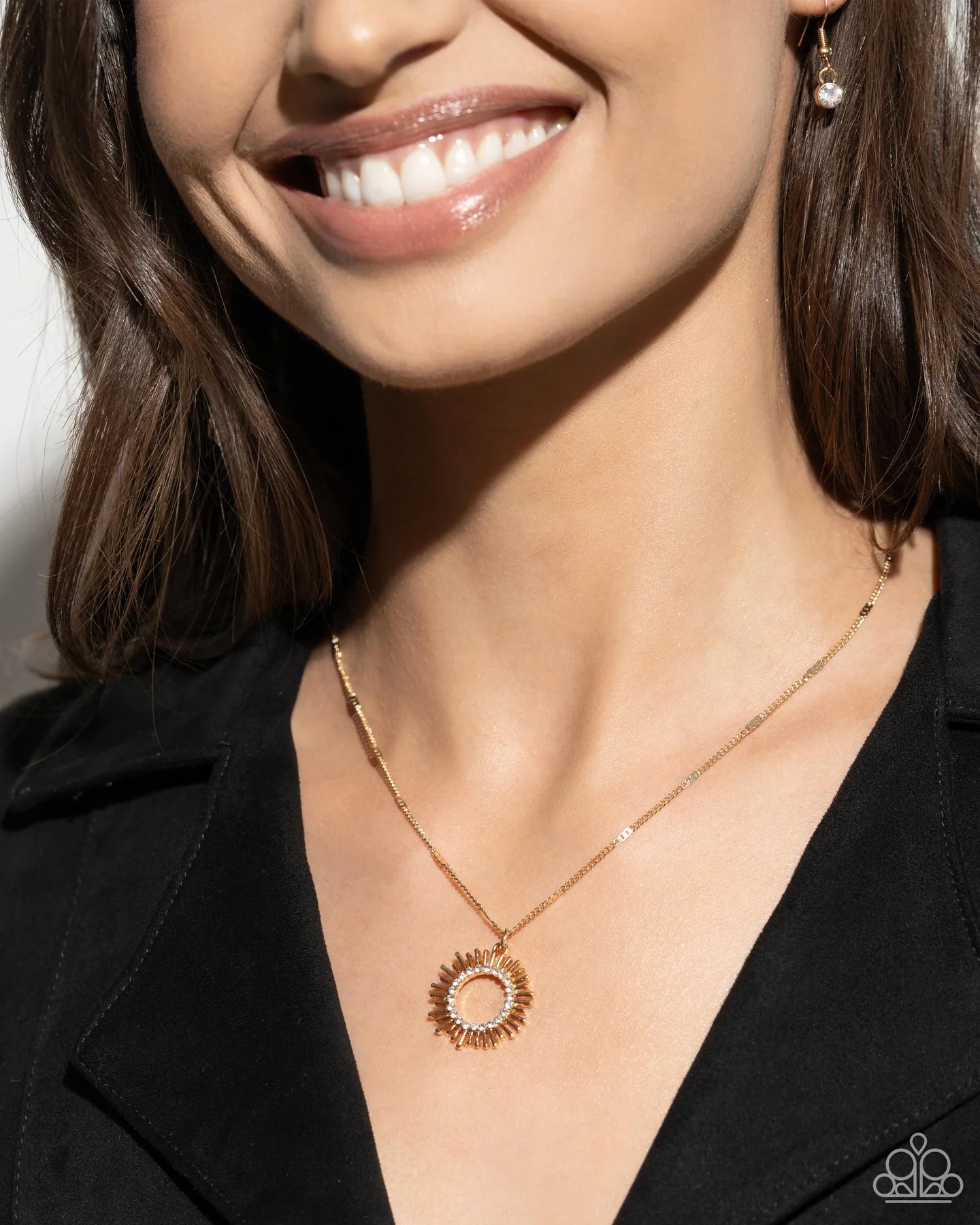 Sunburst Surprise - Gold Sunburst White Rhinestone Pendant Necklace - Paparazzi N2781