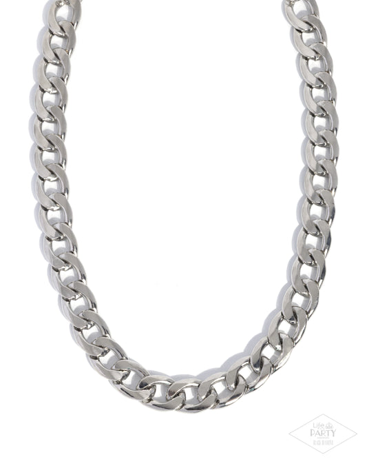 Paparazzi Action CURB - Silver Bold Curb Chain Necklace Life Of The Party Black Diamond Encore N3728