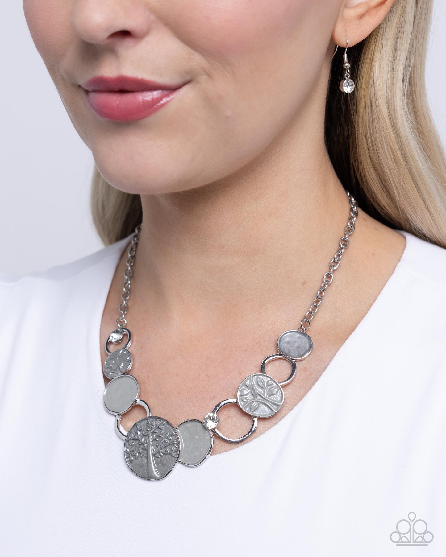 Forest Fling - Silver Sharkskin & Northern Droplet Paint, Tree Stamped Necklace Paparazzi N2569