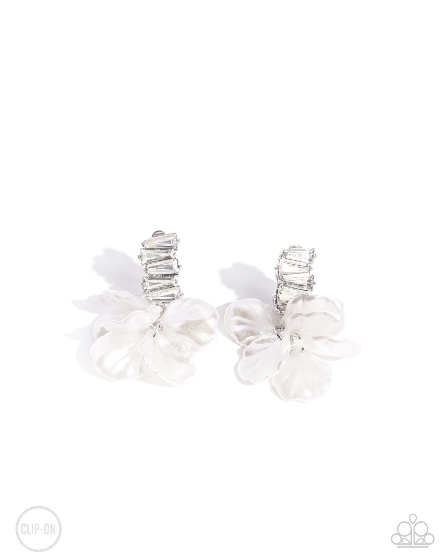 Stacked Sprigs - White emerald Cut Gem & White Pearl Petal Clip On Earring Paparazzi E2271