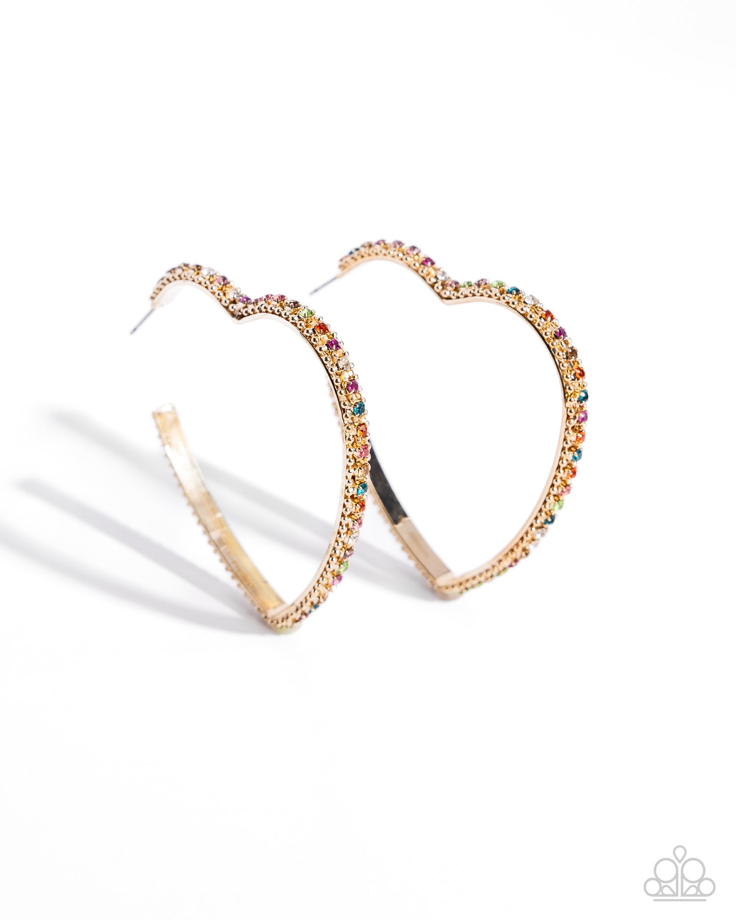 Halftime Hearts - Multicolored Rhinestone Gold Heart 2 1/2 Inch Hoop Earring Paparazzi E2238