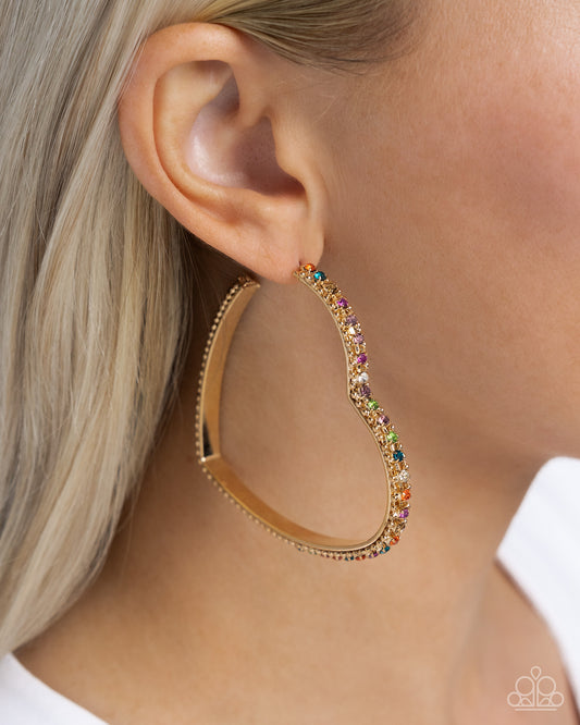 Halftime Hearts - Multicolored Rhinestone Gold Heart 2 1/2 Inch Hoop Earring Paparazzi E2238