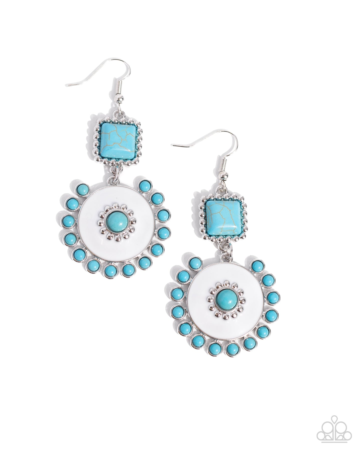 Earthy Emblem - White Painted Silver Disc, Blue Turquoise Stone Santa Fe Style Earring Paparazzi E2231