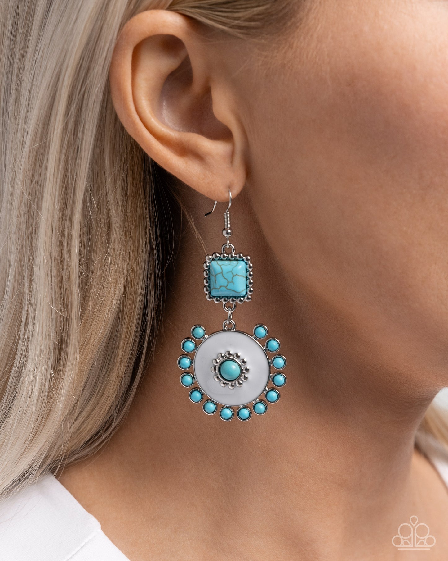 Earthy Emblem - White Painted Silver Disc, Blue Turquoise Stone Santa Fe Style Earring Paparazzi E2231