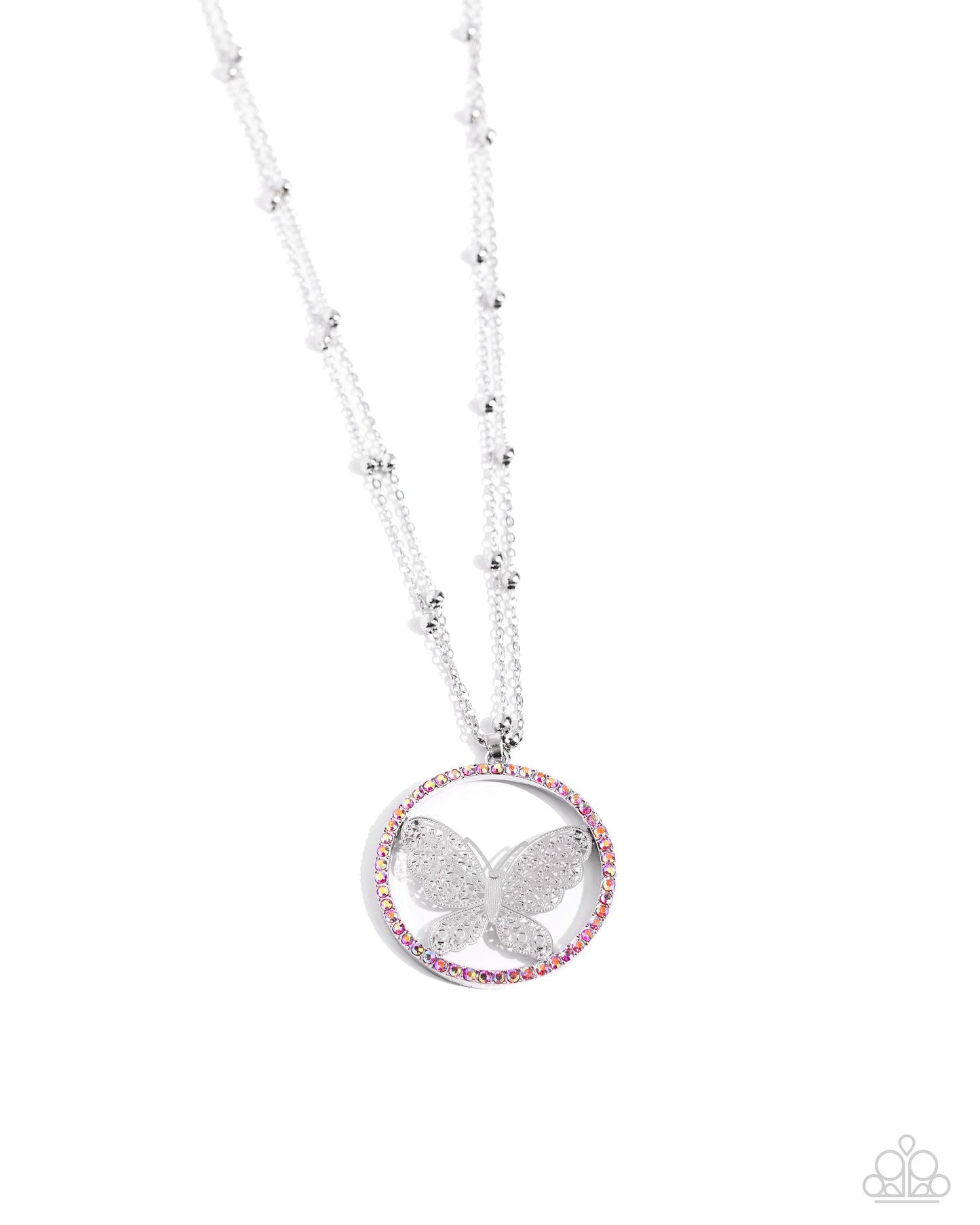 Festive Flight - Pink Iridescent Rhinestone Silver Butterfly Necklace Paparazzi N2230