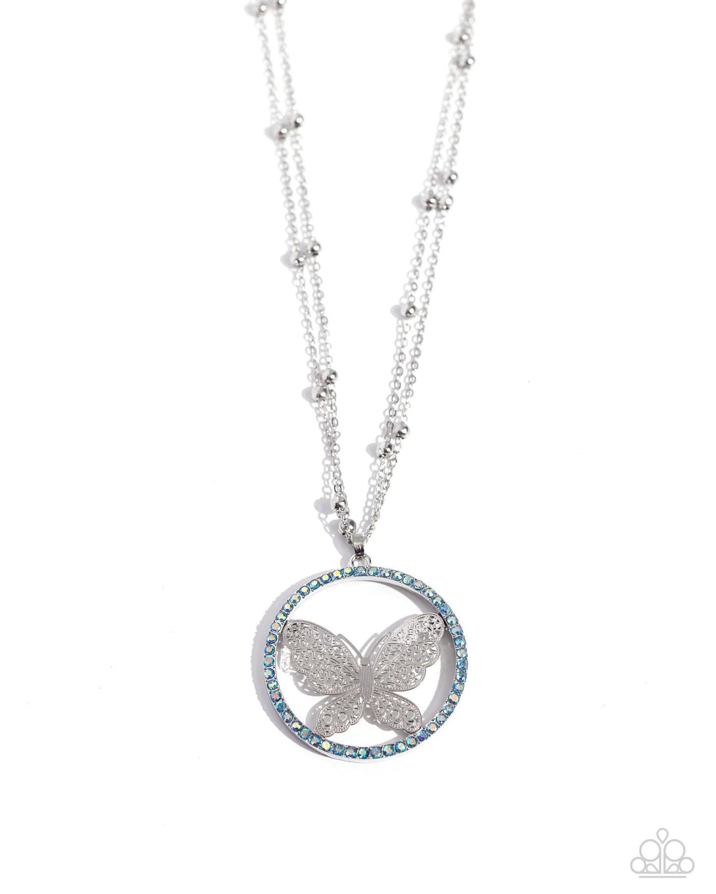 Festive Flight - Blue Iridescent Rhinestone & Silver Filigree Butterfly Necklace Paparazzi N2470