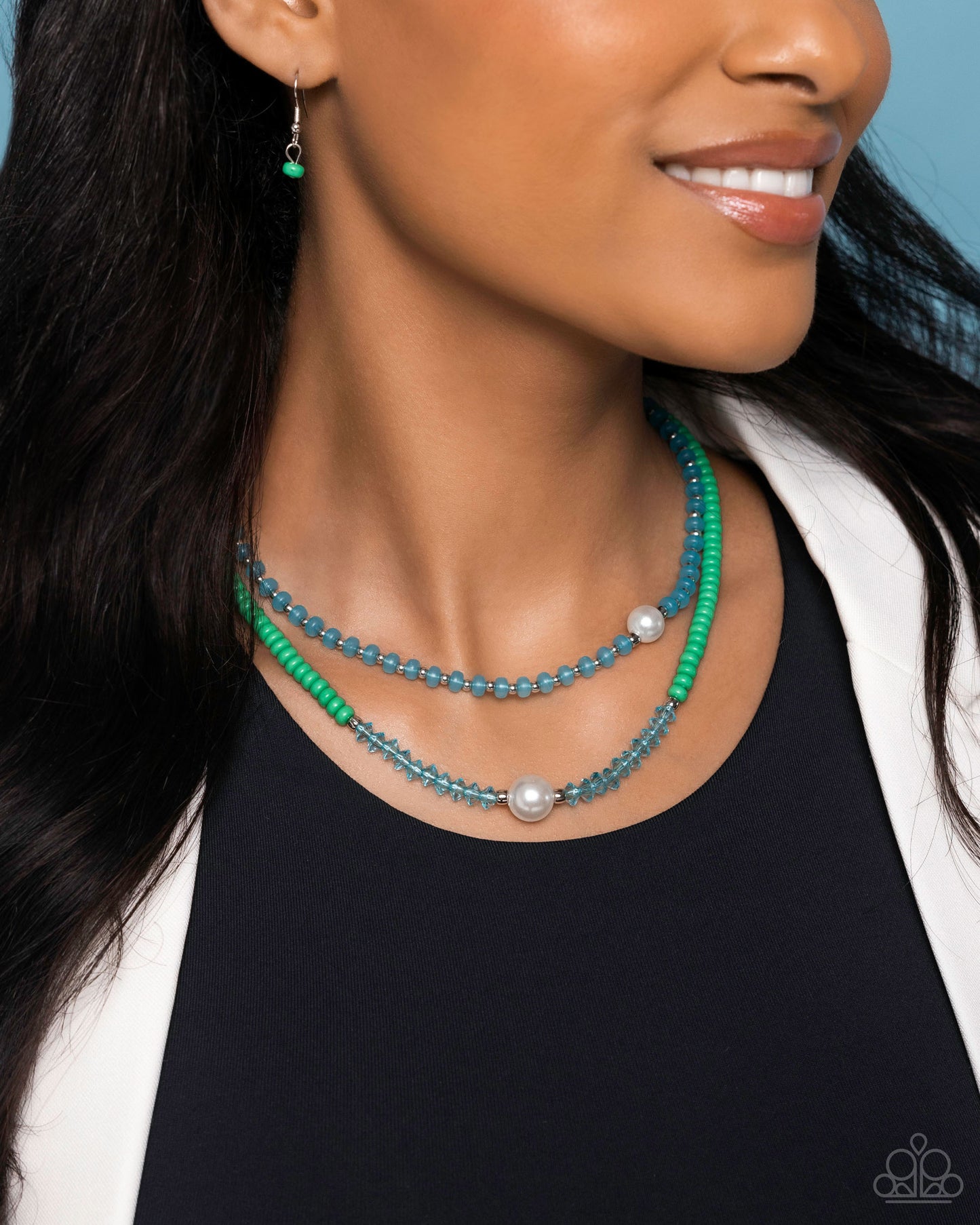 Multicolored Masquerade - Green Mint, Silver, Clear Capri Prism Bead & White Pearl Layered Necklace Paparazzi