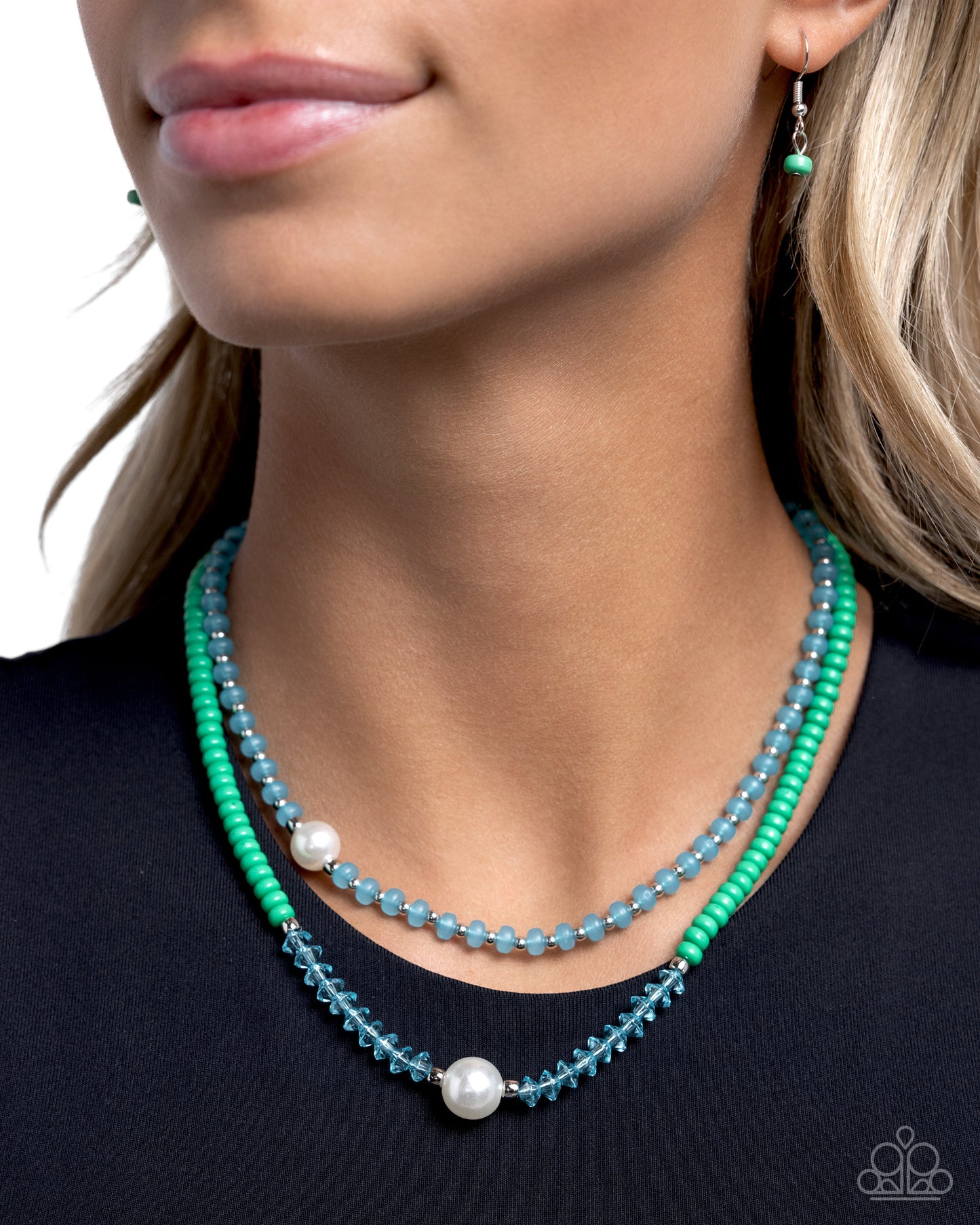 Multicolored Masquerade - Green Mint, Silver, Clear Capri Prism Bead & White Pearl Layered Necklace Paparazzi