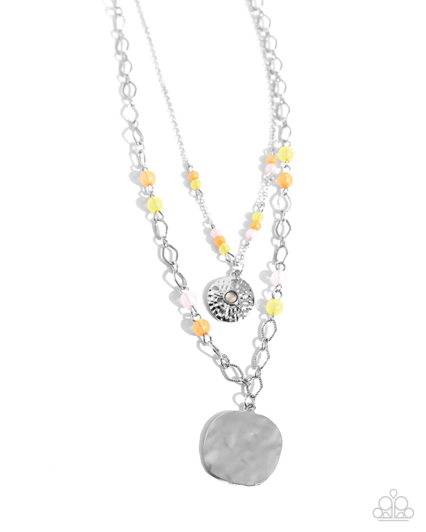 Sand Dollar Season - Pink, Light Peach, Yellow, Rosewater Opalescent Bead Hammered Silver Sand dollar Pendant Paparazzi