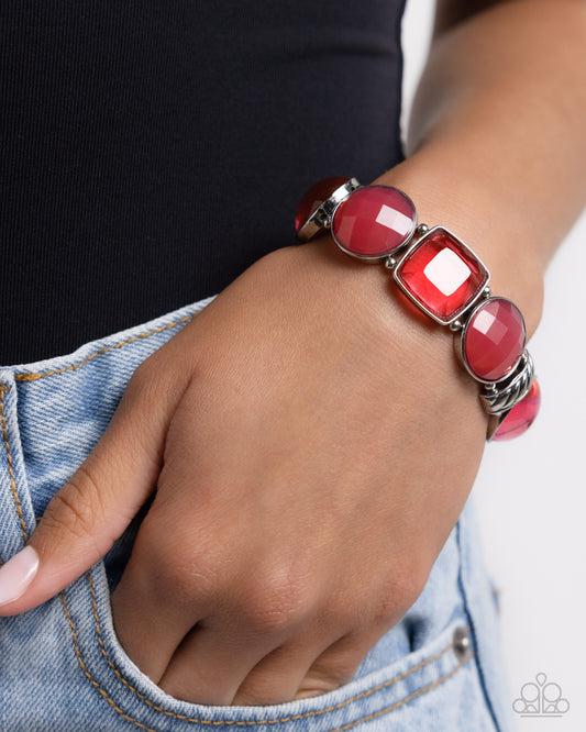 Glassy Generosity - Pink Varied Shades Glassy Square & Circular Gem Stretch Bracelet Paparazzi