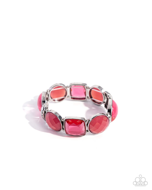 Glassy Generosity - Pink Varied Shades Glassy Square & Circular Gem Stretch Bracelet Paparazzi B2193