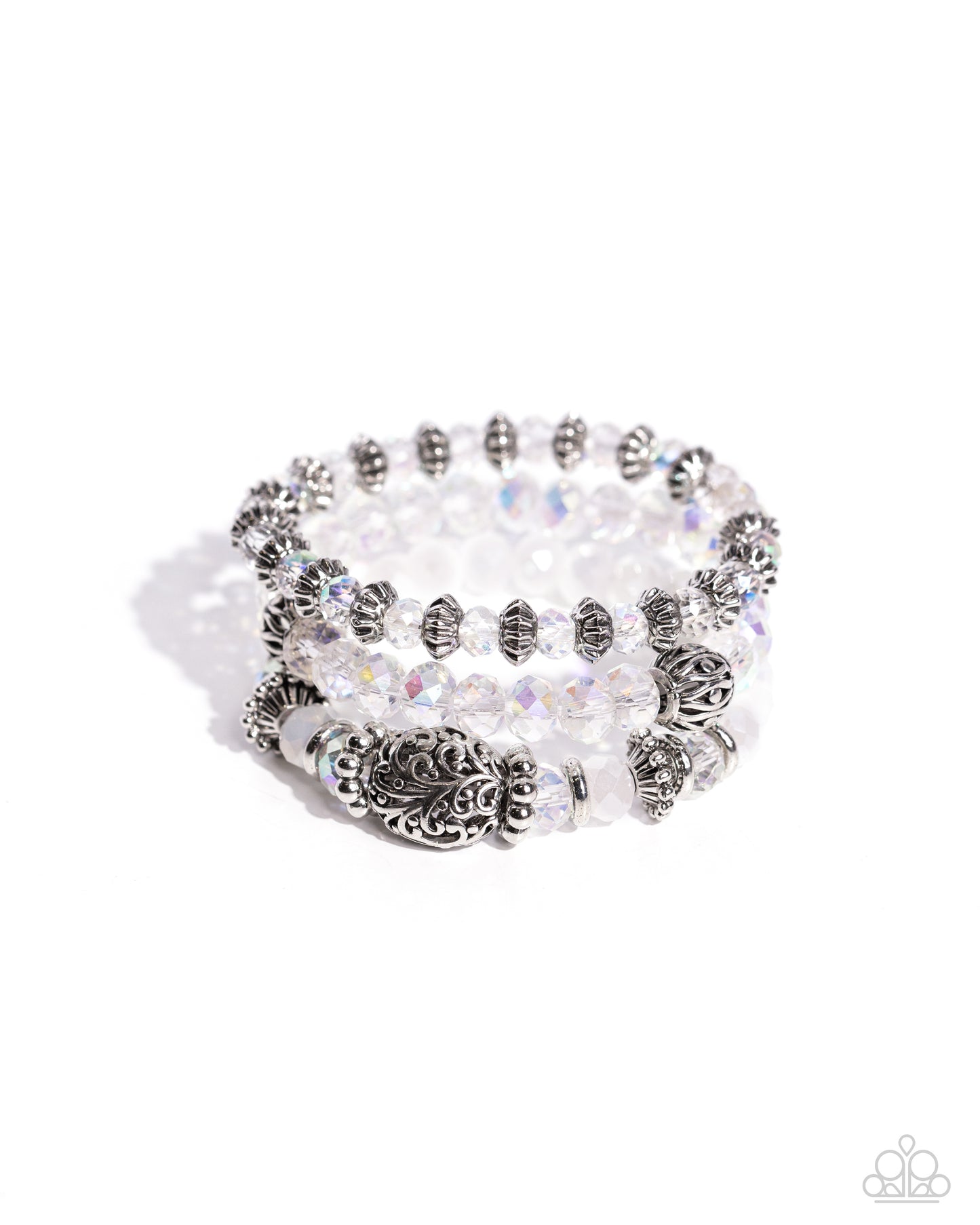 Malibu Maiden - White, Silver & Vintage Embellishment Bead Set of 3 Stretch Bracelets Paparazzi B1767