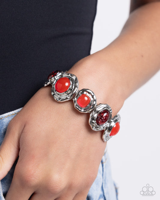 Hammered High - Red Bead & Red Silver Glittery Bead  Stretch Bracelet Paparazzi B1728