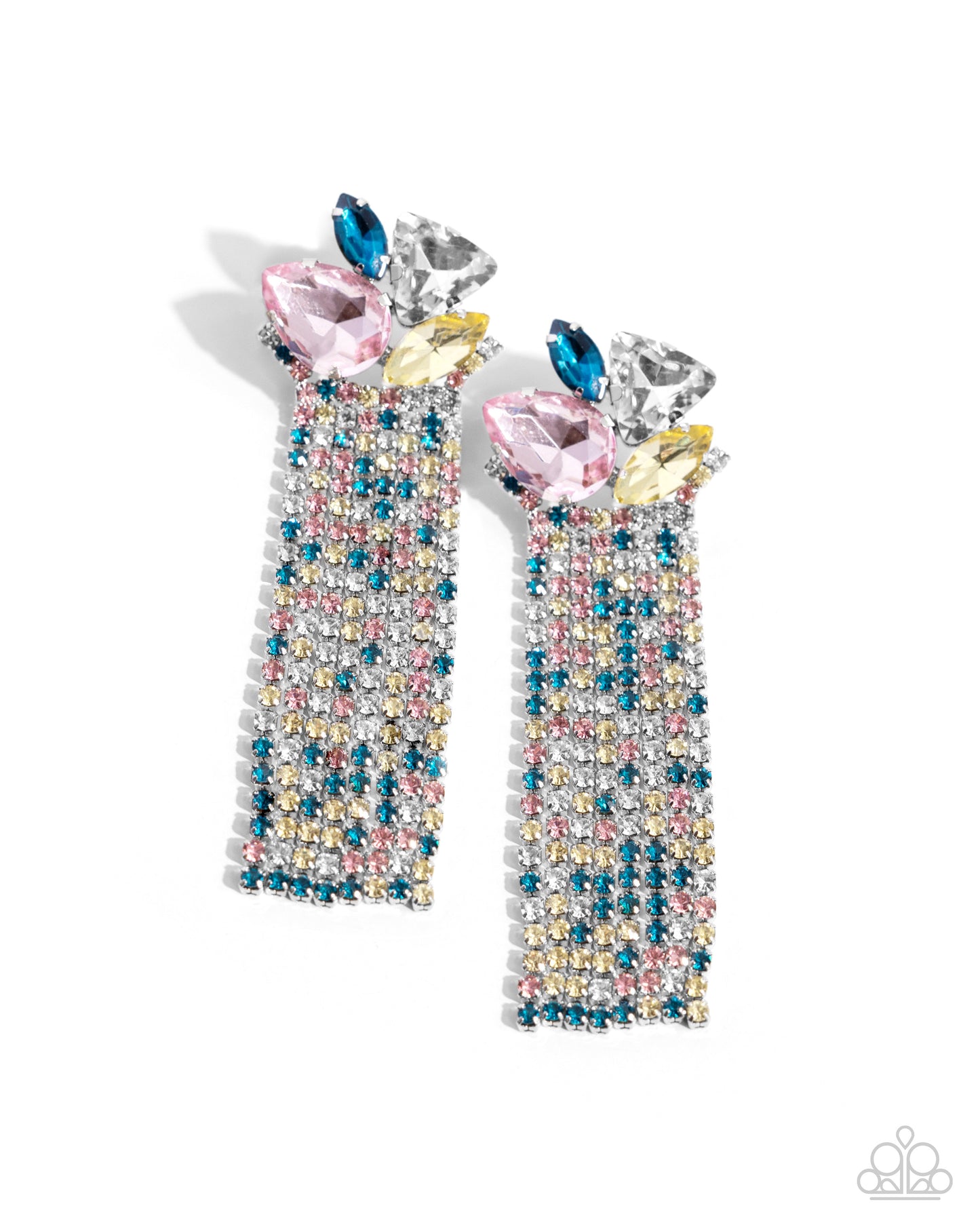 Blinding Blend - Multi Light Rose, Blue Zircon, Yellow, White Rhinestone Fringe Earring Paparazzi E2226