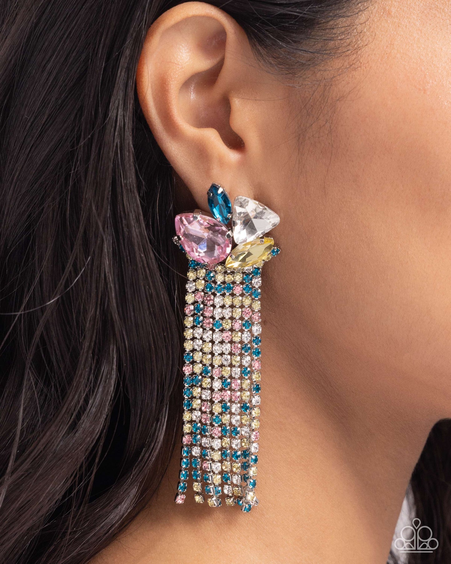 Blinding Blend - Multi Light Rose, Blue Zircon, Yellow, White Rhinestone Fringe Earring Paparazzi E2226