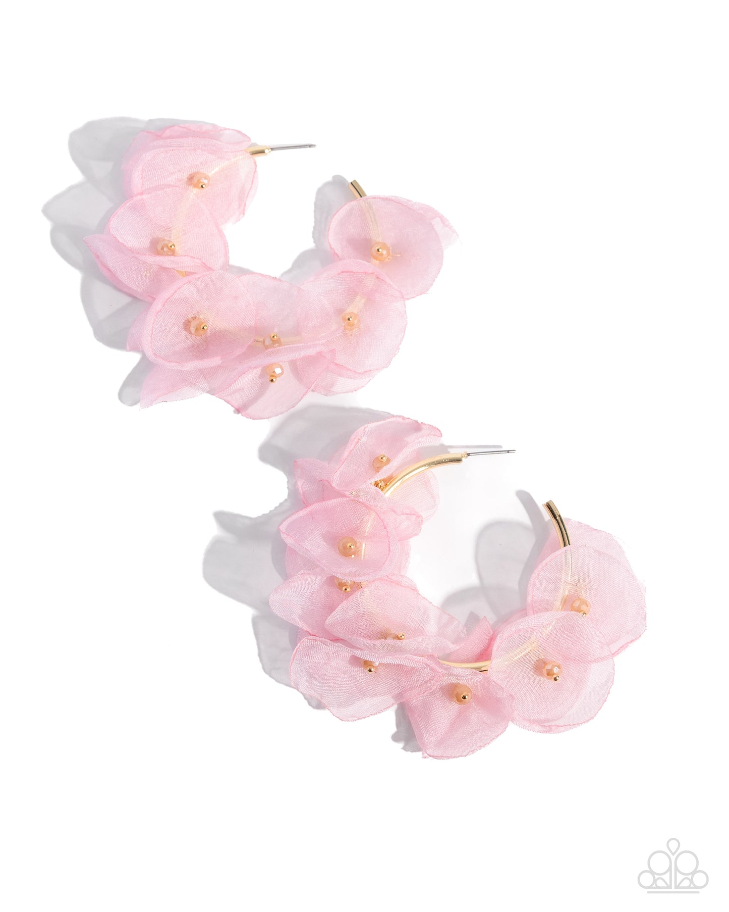 Petaled Pageant - Gold 1 3/4 Inch Hoop Baby Pink Chiffon Flower Earring Paparazzi E2224