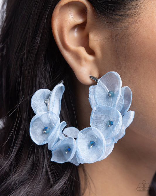 Petaled Pageant - Blue Soft Chambray Chiffon Flowers 1 3/4 Inch Hoop Earring Paparazzi E2232