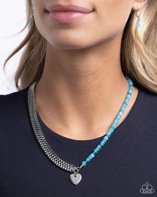 Squared Sweetheart - Blue Capri Bead, Silver Box Chain & Heart Necklace Paparazzi N2425