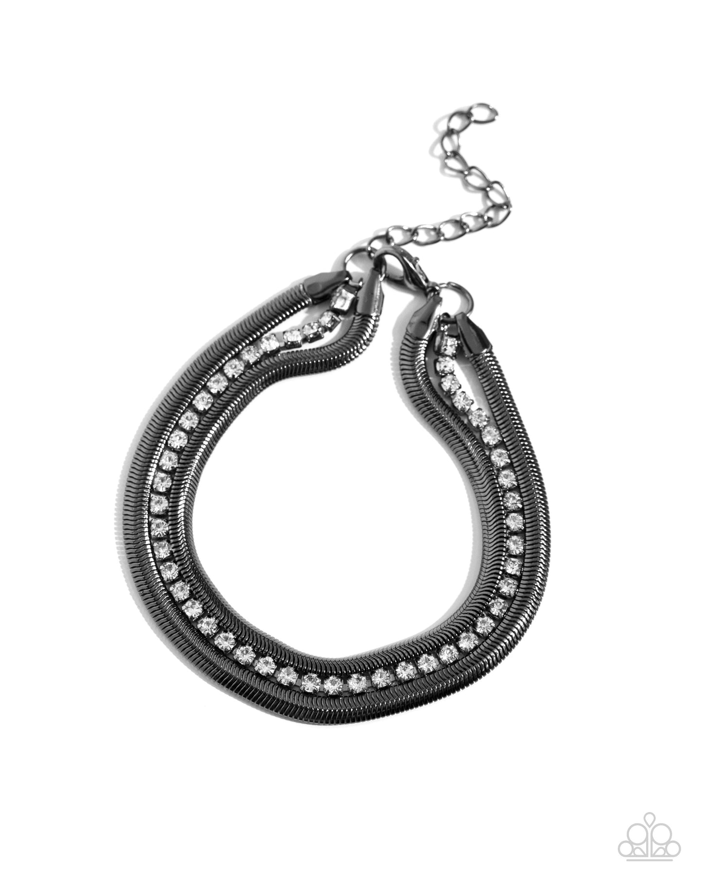 A SQUARE Treasure - Black Gunmetal Herringbone Chain & White Rhinestone Bracelet Paparazzi B1737