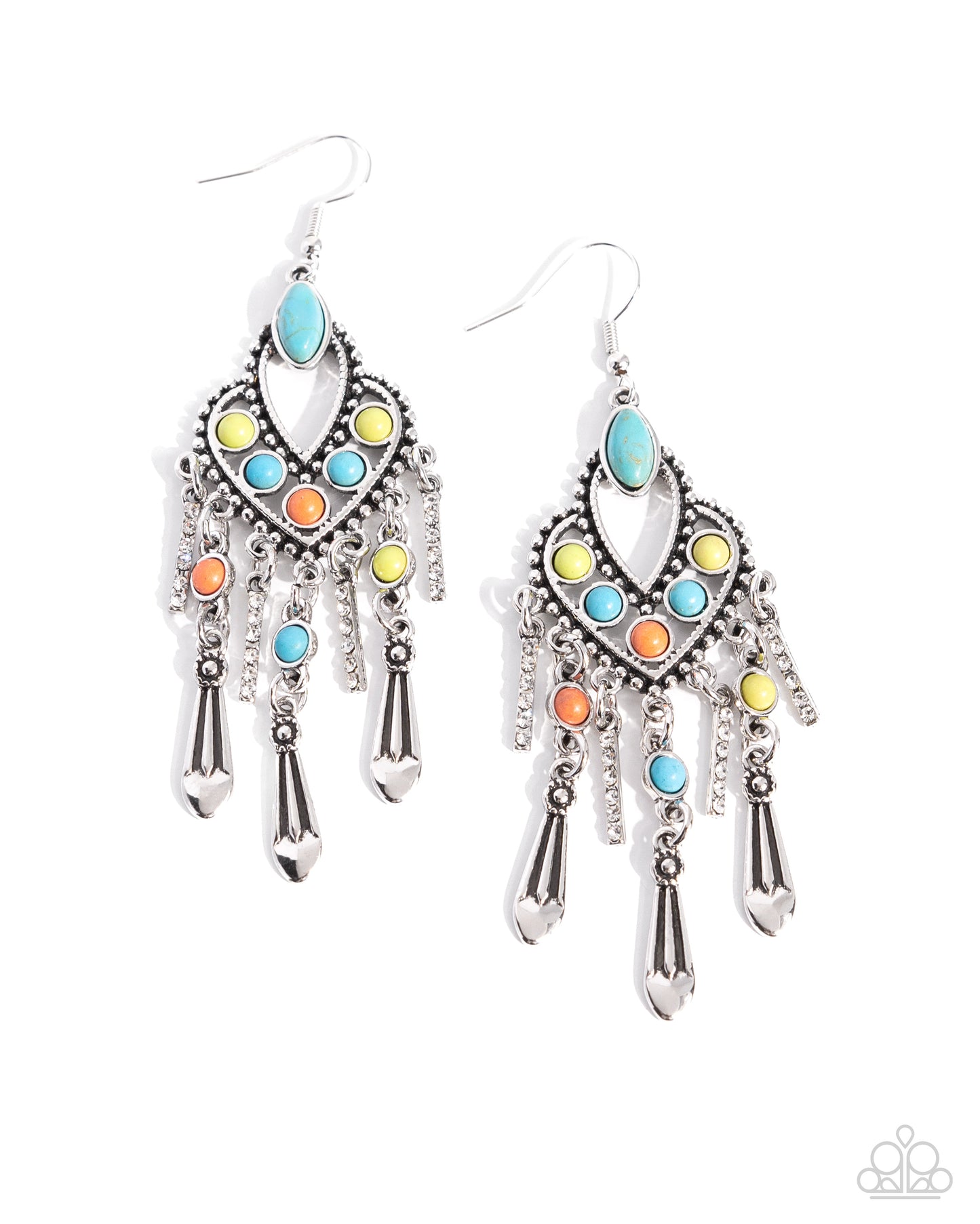 Naturally Vintage - Multi Turquoise, Orange, Green Stone Santa Fe Style Fringe Earring Paparazzi E2026