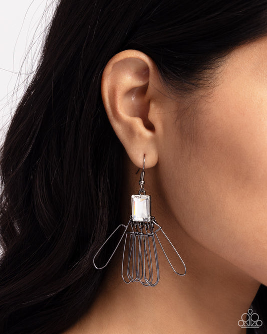 Factory Flair - Black Gunmetal Paperclip Like Petal White Gem Earring Paparazzi E1979