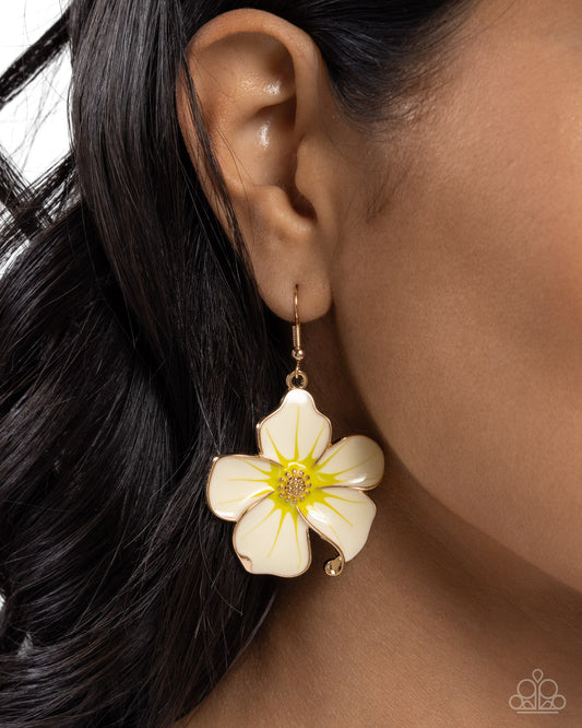 Floral Flavor - Gold & Yellow Hawaiian Cream Flower Pendant Earring Paparazzi E2637
