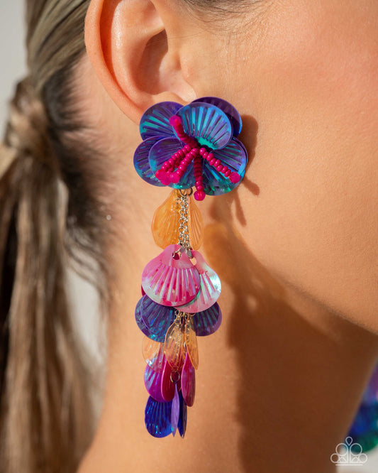 Under the Waves - Purple, Pink, Orange Sequin Floral Earring July 2024 Life Of The Party  Paparazzi