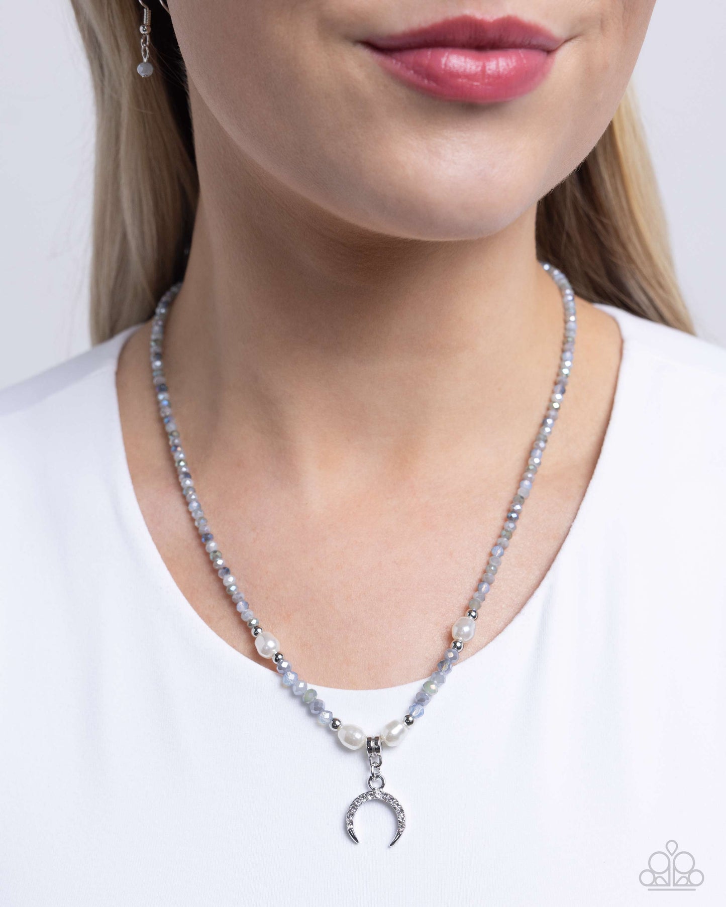 Trendy Trenchant - Silver White Rhinestone Crecent Moon Necklace Paparazzi