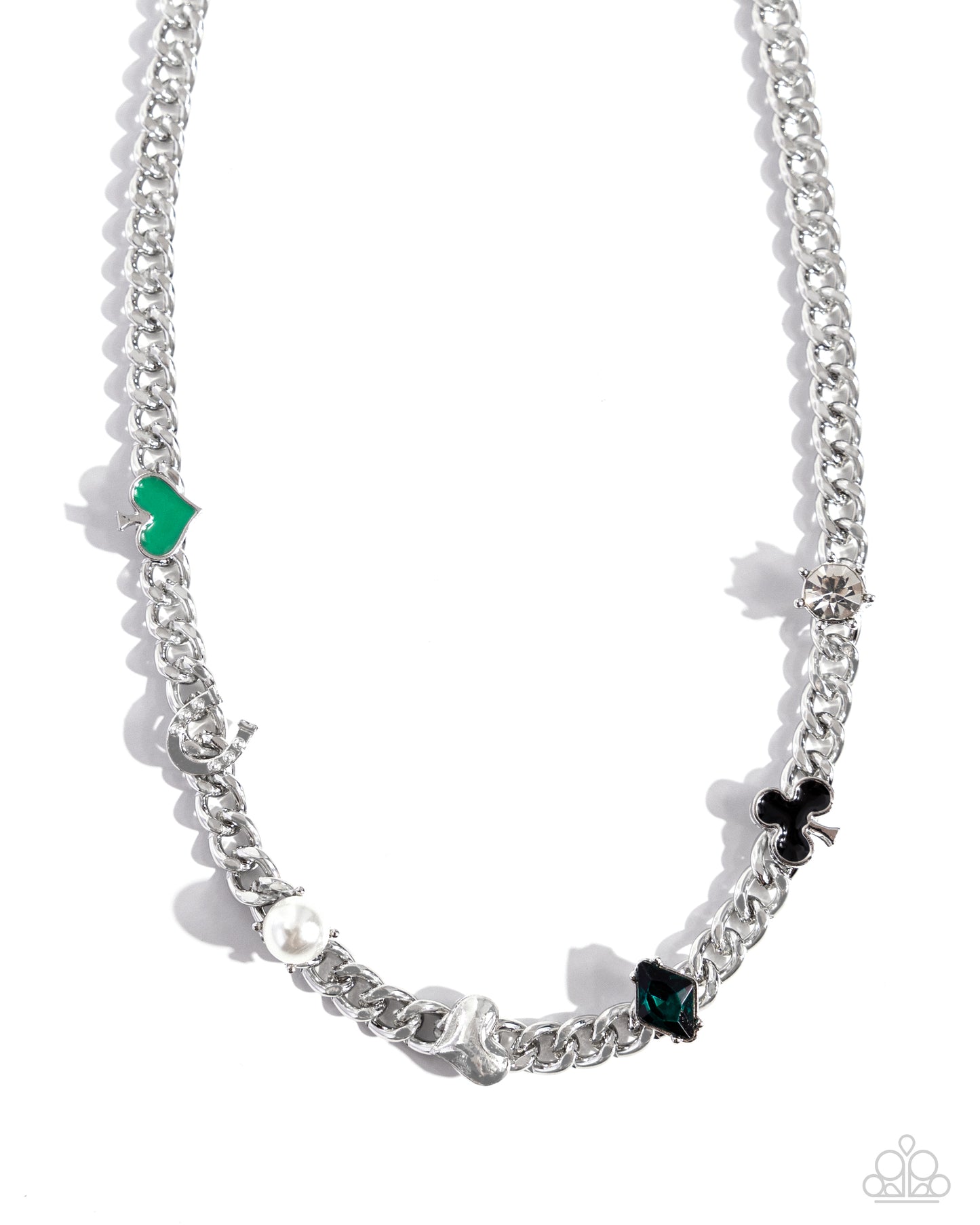 Vegas Vault - Green Spade, Silver Heart, White Horseshoe Silver Curb Chain Vegas Styled Necklace Paparazzi N2220