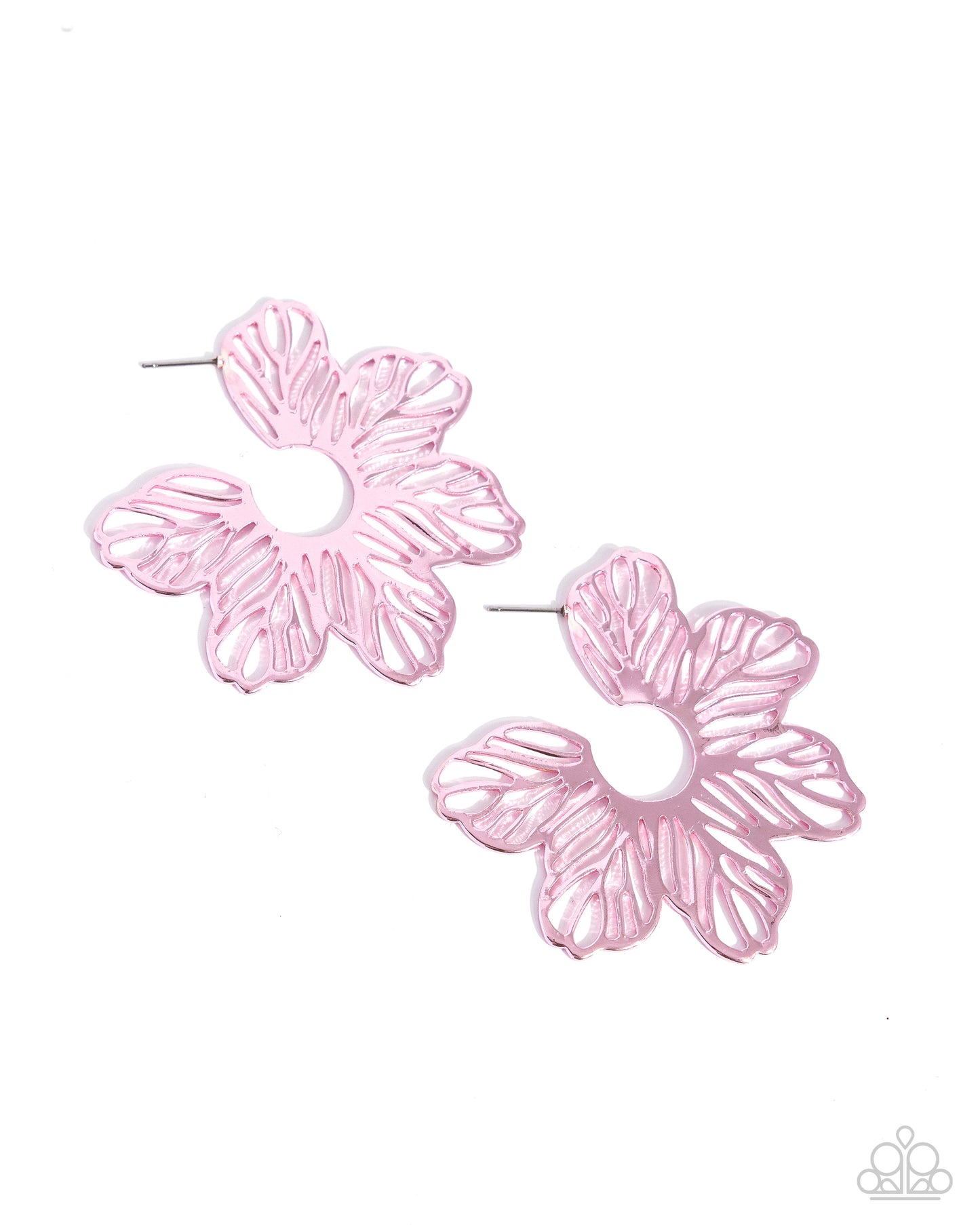 Floral Fame - Pink High Sheen Metallic Flower 2 1/4 Inch Hoop Earring Paparazzi E2261