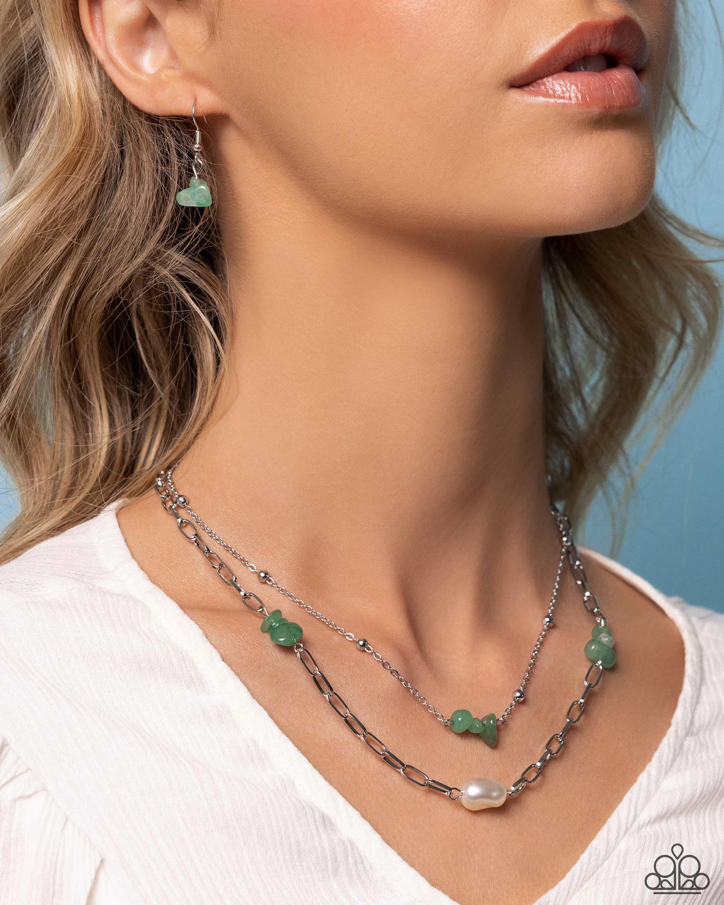 Santa Fe Surprise - Green Jade Stone & White Baroque Pearl Layered Santa Fe Style Necklace Paparazzi