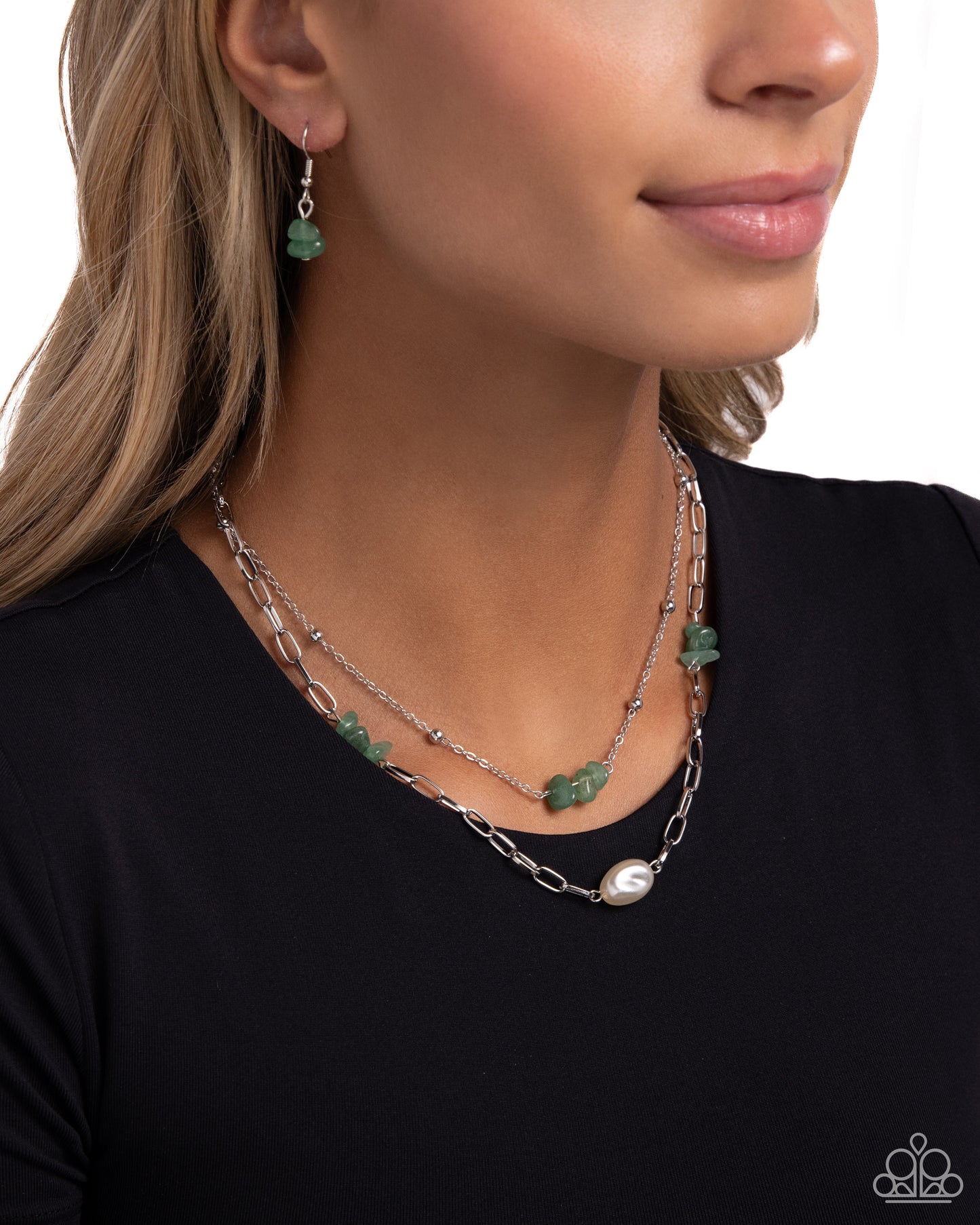 Santa Fe Surprise - Green Jade Stone & White Baroque Pearl Layered Santa Fe Style Necklace Paparazzi