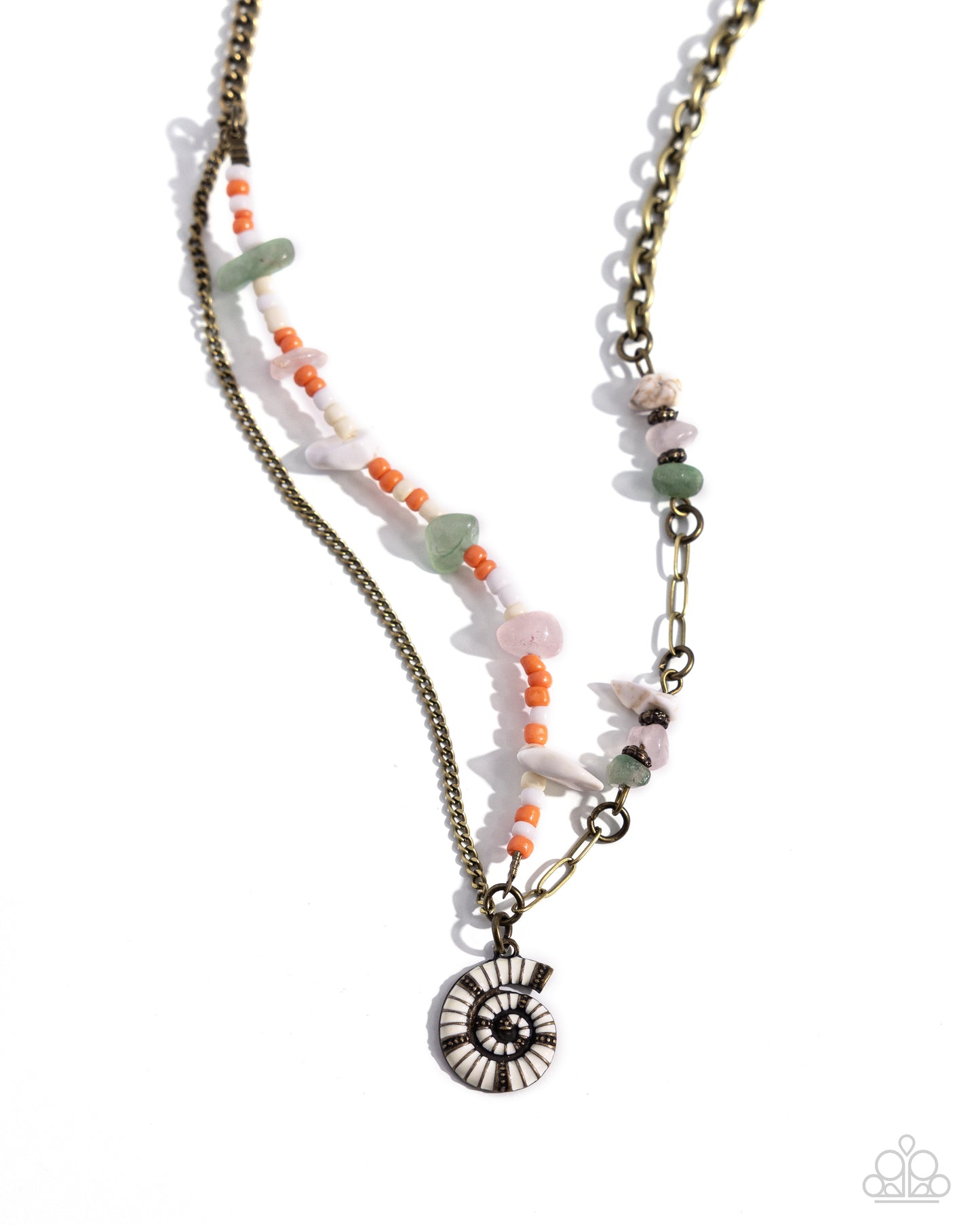 Spiraling Seafloor - Brass Stud, Jade, Pink White Stone Painted Seashell Charm Necklace Paparazzi N2304