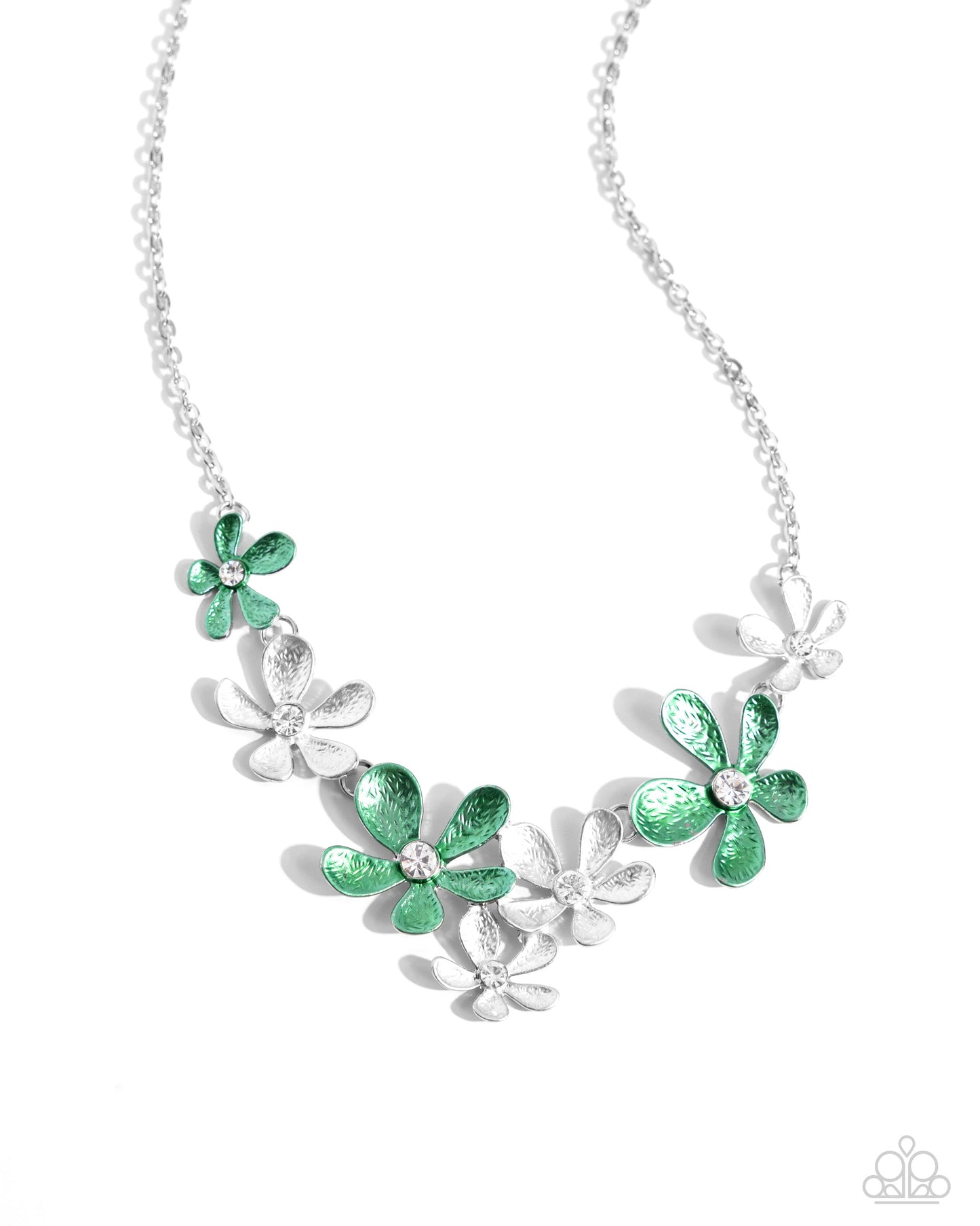 Reflective Rundown - Green Mint, Silver Flower, White Rhinestone Center Necklace Paparazzi N2406