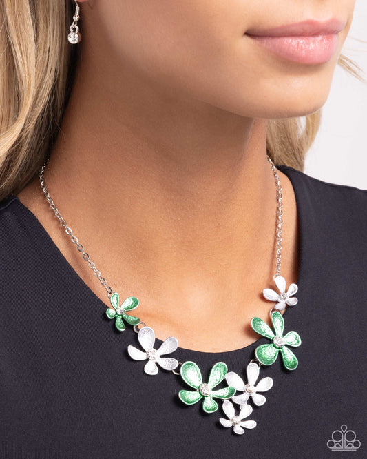 Reflective Rundown - Green Mint, Silver Flower, White Rhinestone Center Necklace Paparazzi N2406