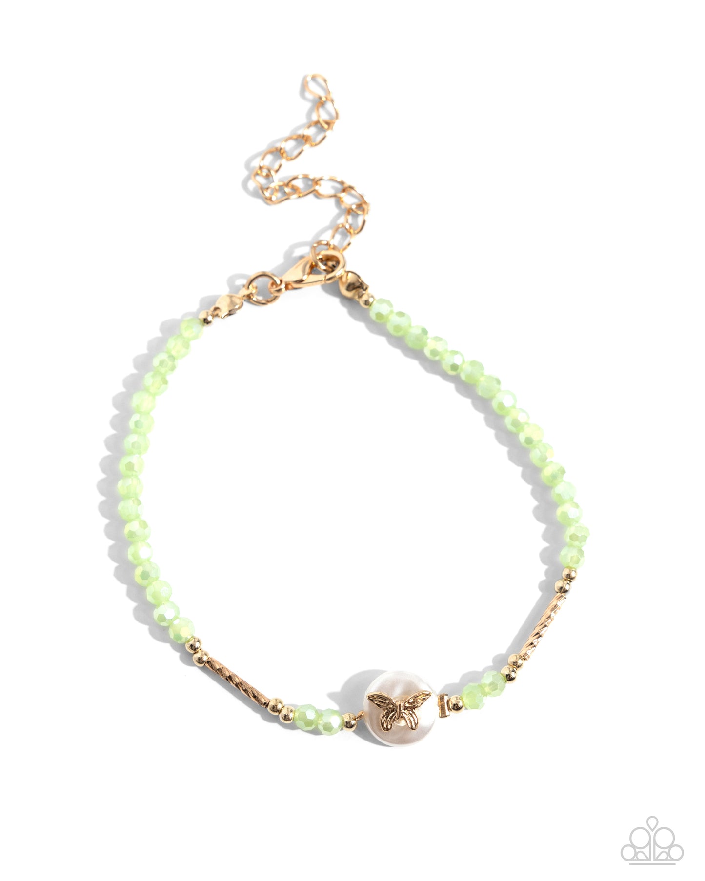 Aerial Actress - Green Multicolored Faceted. Gold Bead, Gold Butterfly Bracelet Paparazzi B1578