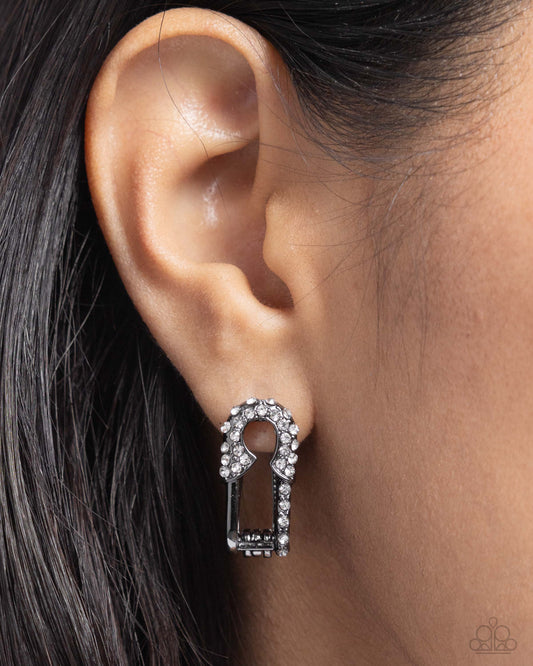 Safety Pin Secret - Black Gunmetal & White Rhinestone Hinge Hoop Earring Paparazzi E1951