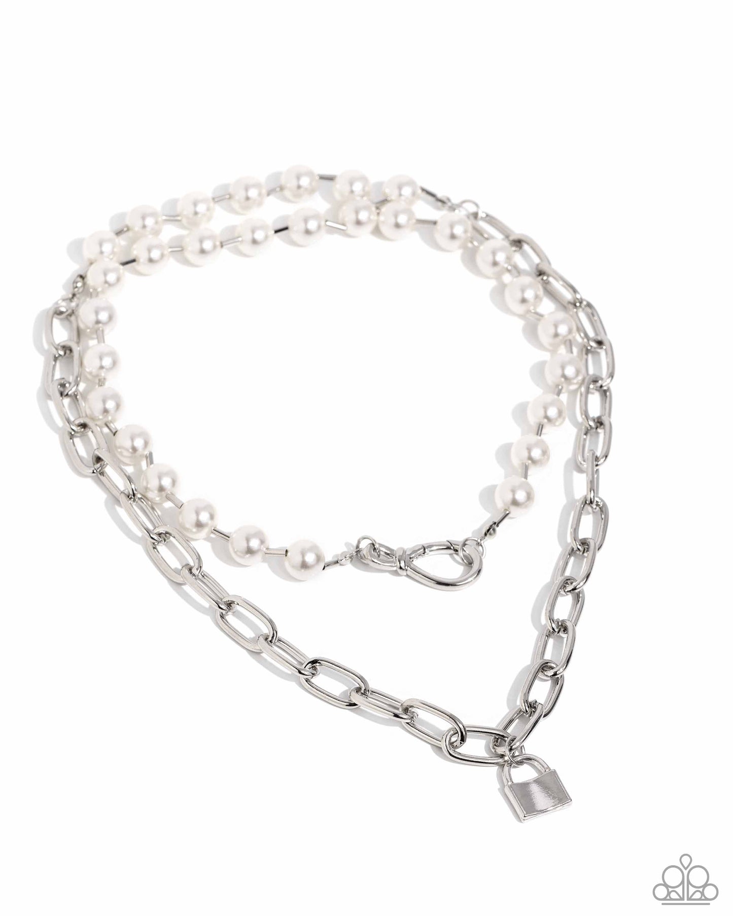 Infinite Industry - White Pearl & Silver Paperclip Chain Padlock Necklace Life Of The Party August 2024 Paparazzi N2476