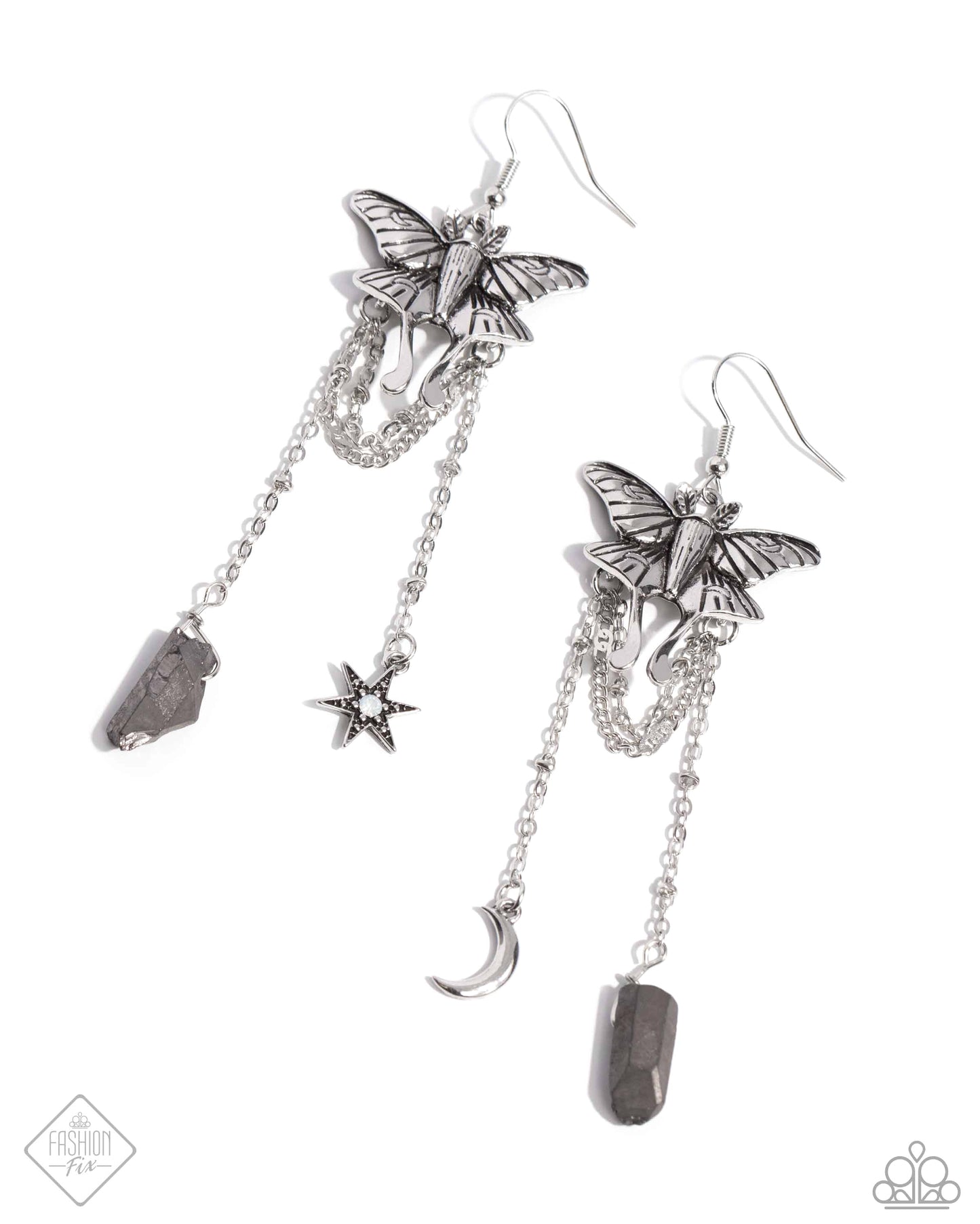 Moth Master - Silver Moth, Moon, Hematite Stone, Opalescent Star Sunset Sightings Fashion Fix Earring June 2024 Paparazzi