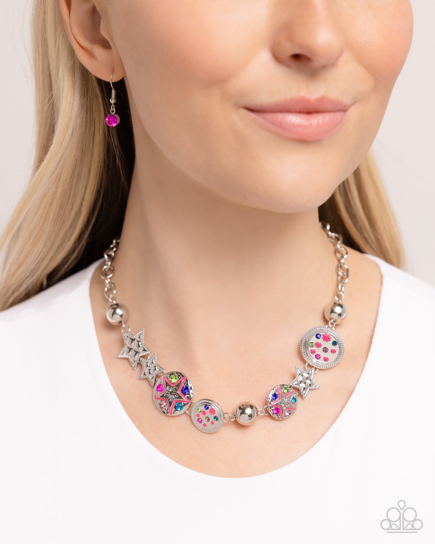 Starry Shopaholic - Pink Peacock Painted Star, Multicolored Rhinestone & Gem Necklace Paparazzi N2584