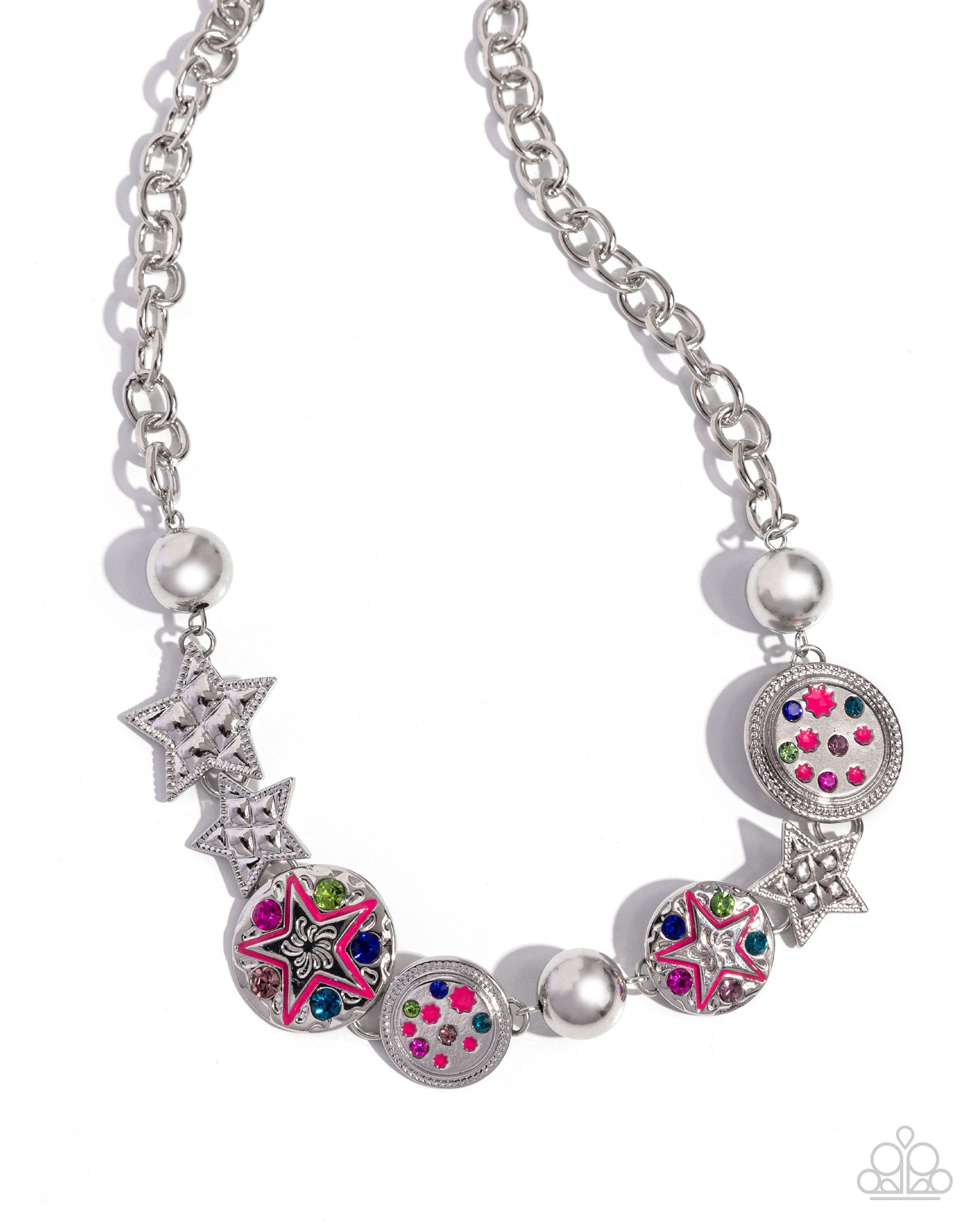 Starry Shopaholic - Pink Peacock Painted Star, Multicolored Rhinestone & Gem Necklace Paparazzi N2584