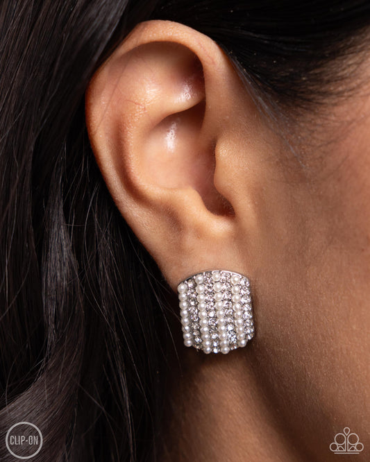 Glittering Generosity - White Rhinestone & Pearl Clip On Earring Paparazzi E2184